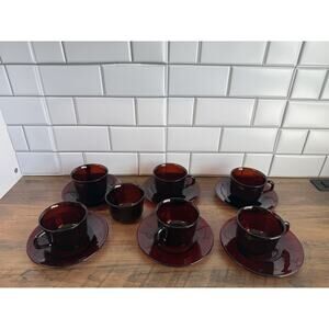Arcoroc France ruby red mug & saucers 7 mugs - 6 Saucers